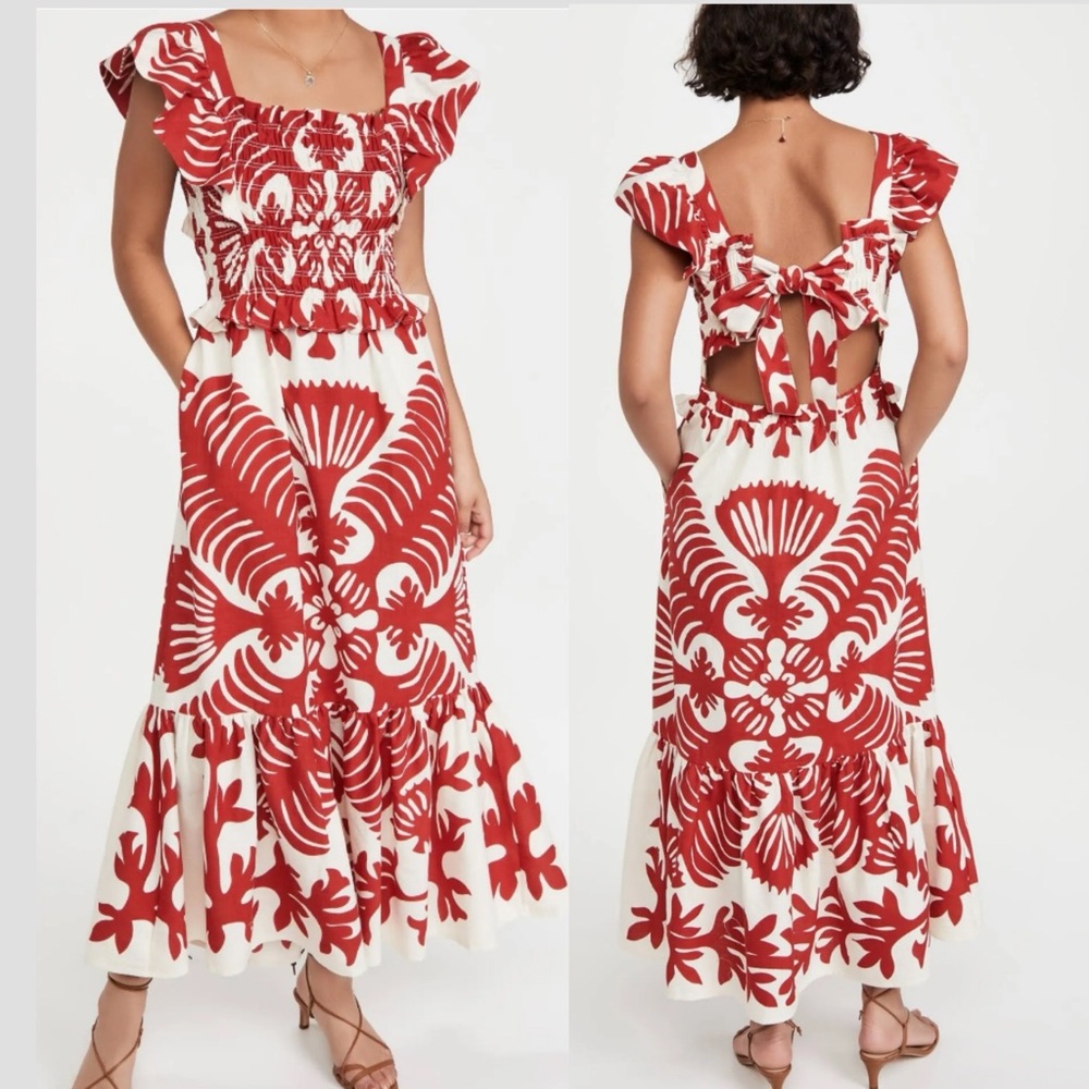 Sea New York Ruby Henrietta Print Linen Maxi Dress in Large Red/Off White